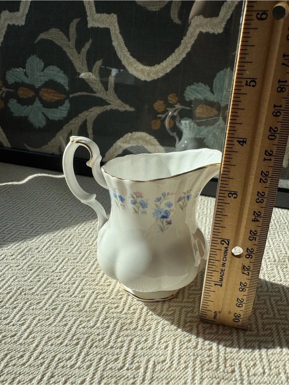 Royal Albert White Porcelain Creamer with Blue Floral Motif and Gold Trim